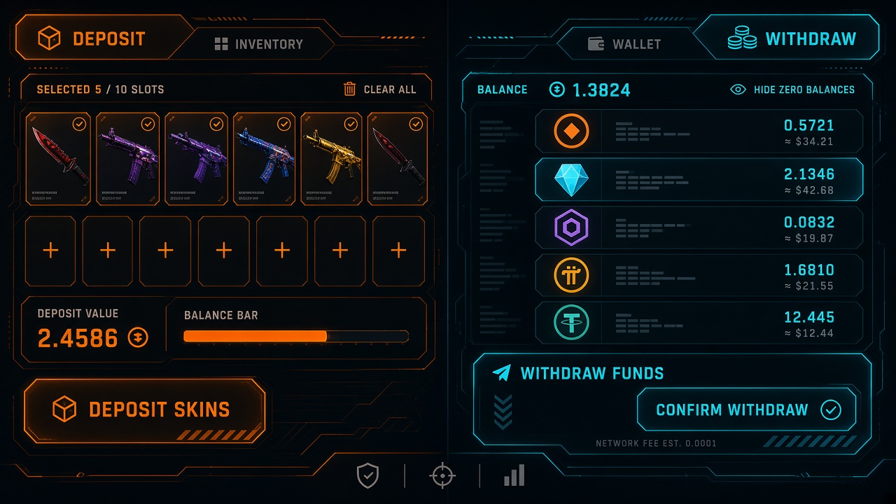 Wallet and inventory deposit interface with skin and crypto panels
